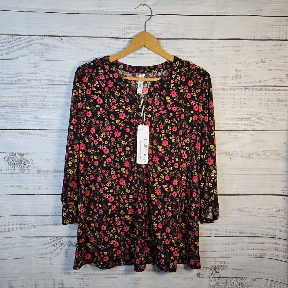 Dear Scarlett Black Blouse with Pink and Yellow Floral Design NWT